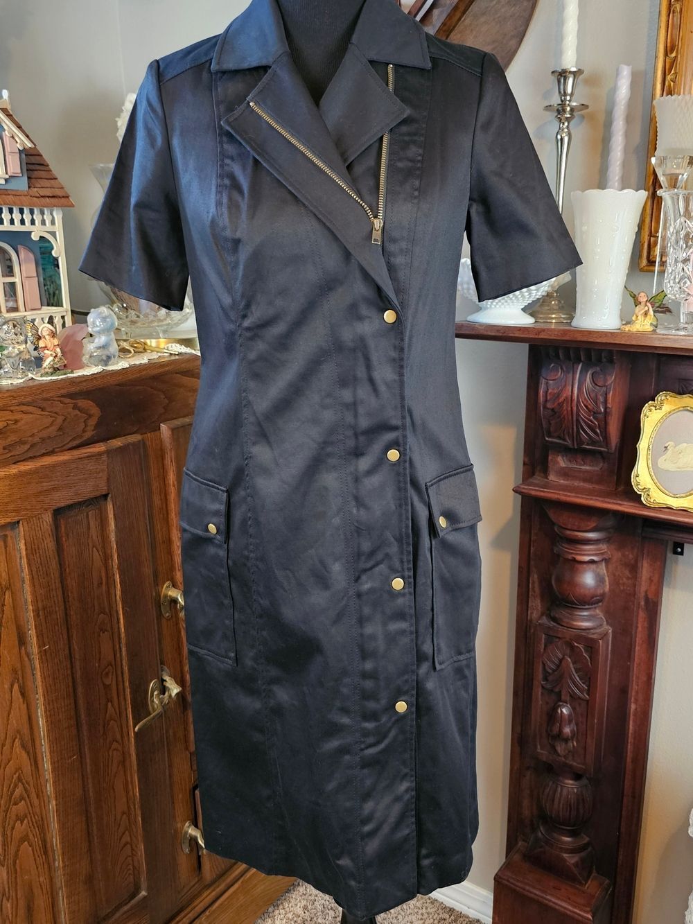 Peter Nygard Black Moto Shirt Dress Utility Zip Sheath Size 8